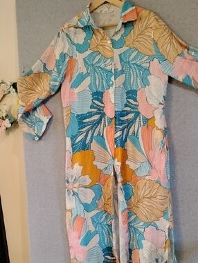 Floral Swim Coverup in Teal, Pink, Gold